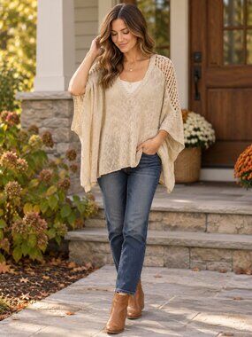 Kye Mi Oatmeal Open Knit V Neck Batwing Sleeve Sweater Size Large